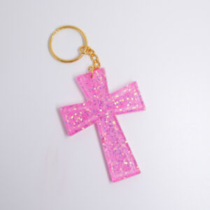 Pink Glittery Risen Cross Keychains